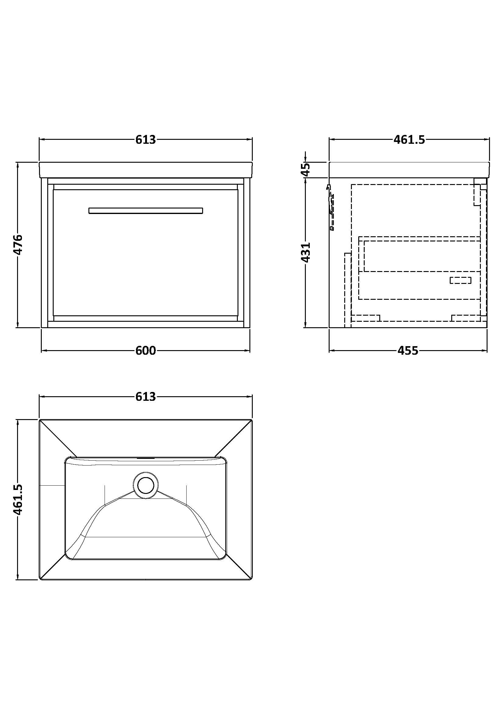 Hudson Reed Lille 600mm Wall Hung Single Drawer Vanity Unit With Basin