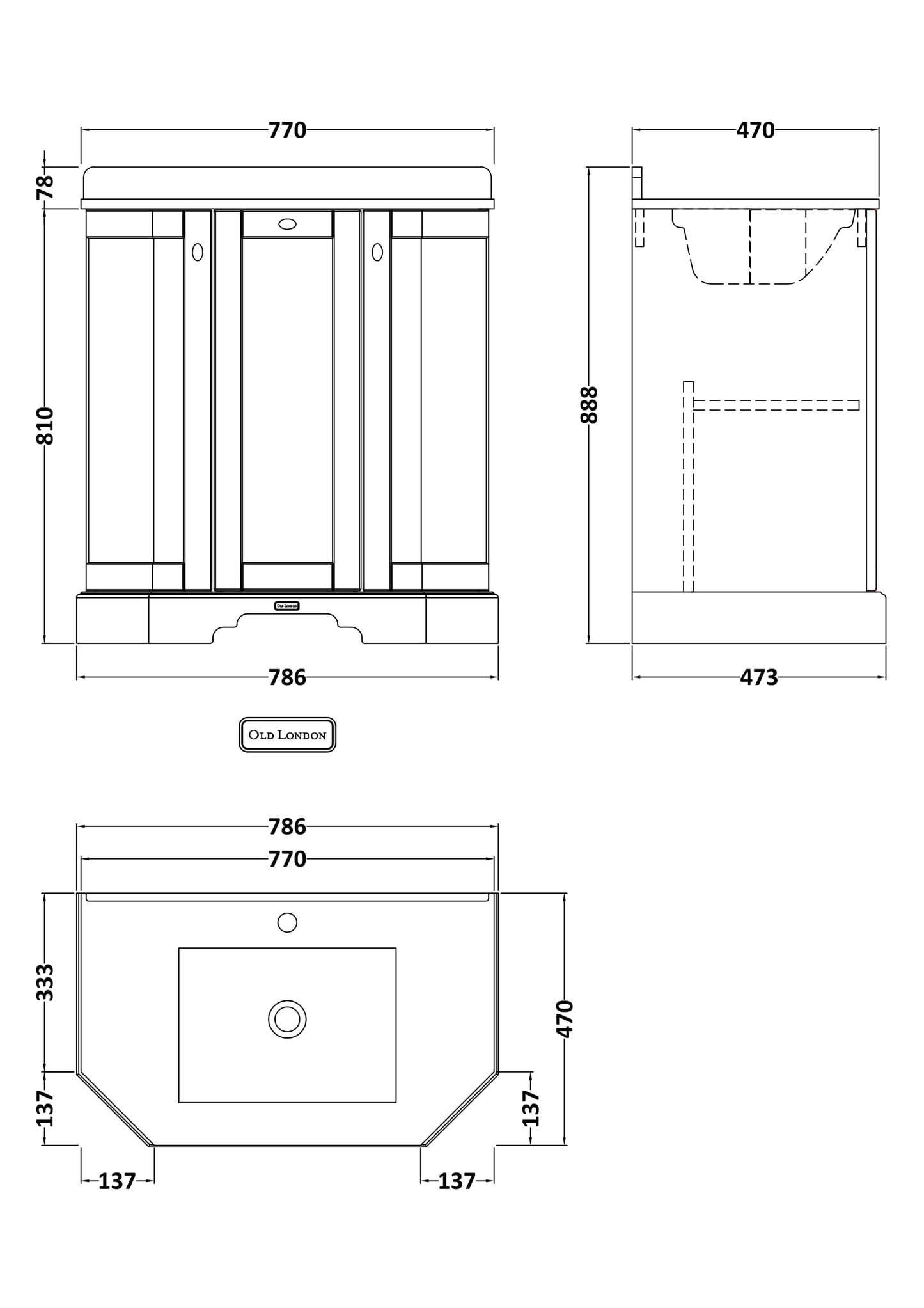 Hudson Reed Old London 786mm Storm Grey Floor Standing 3 Door Vanity Unit With Black Marble Top Basin