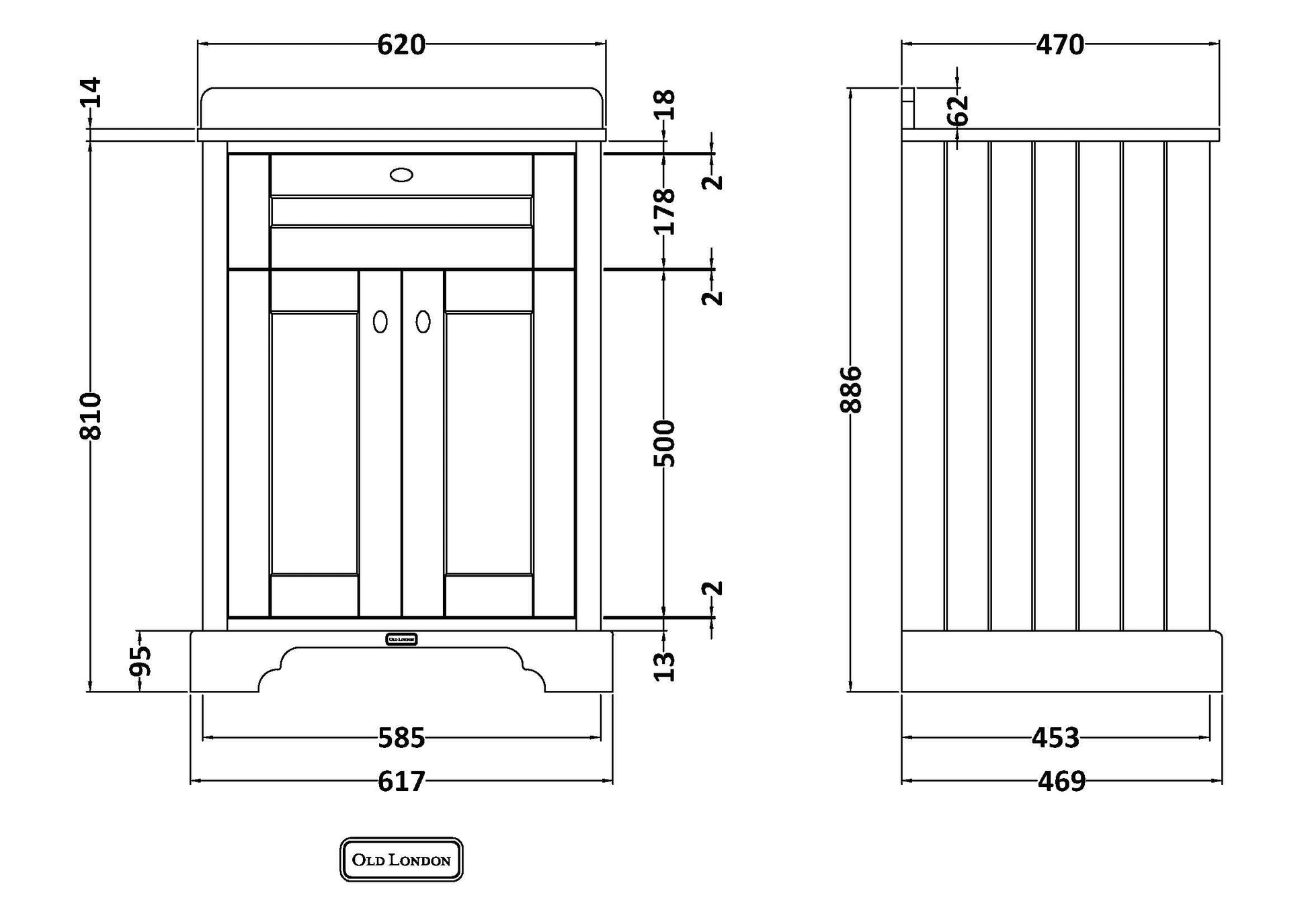 Hudson Reed Old London 620mm Storm Grey Floor Standing 2 Door Vanity Unit with White Marble Top 1 Tap Hole Soft Close