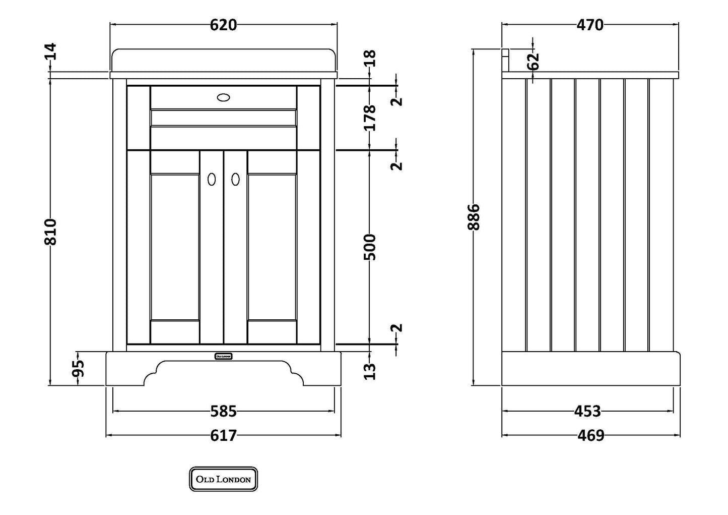Hudson Reed Old London 600mm Floor Standing Vanity Unit With 3 Tap Hole Grey Marble Top Basin