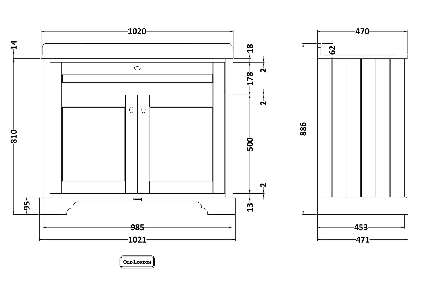 Hudson Reed Old London 1000mm Floor Standing 2 Door Vanity Unit with 3 Tap Hole Grey Marble Top