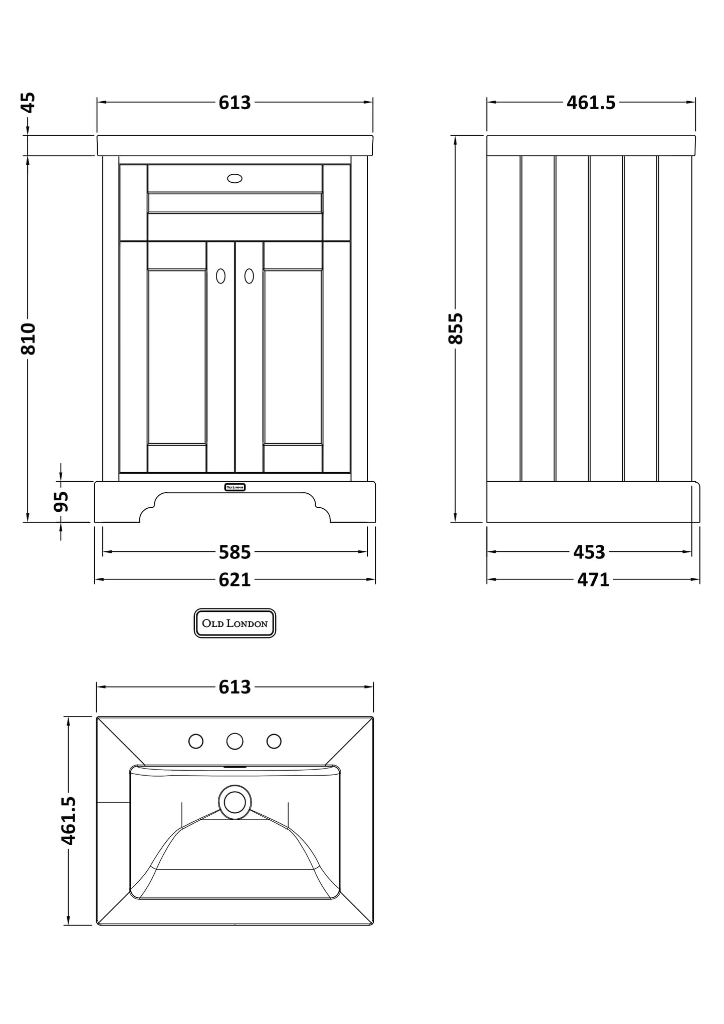 Hudson Reed Old London 813mm Twilight Blue Floor Standing Vanity Unit Including Fireclay Basin 3 Taphole