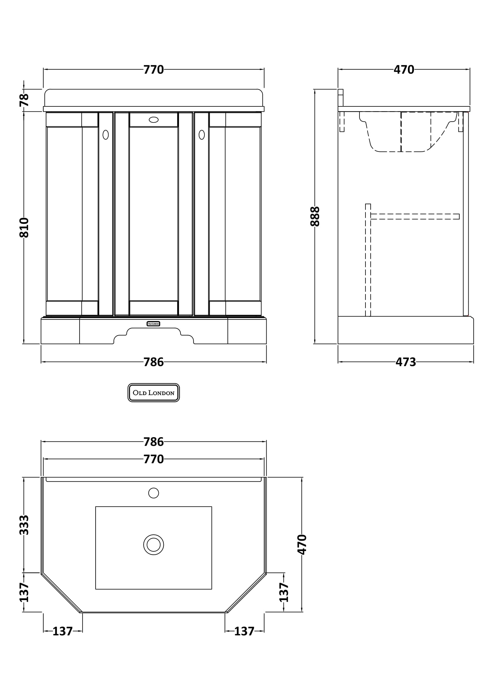 Floor Standing 3 Door Angled Vanity Unit with 1 Tap Hole Grey Marble Top 750mm