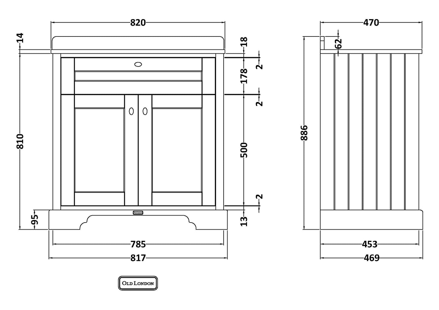 Floor Standing 2 Door Vanity Unit with 1 Tap Hole Grey Marble Top 800mm