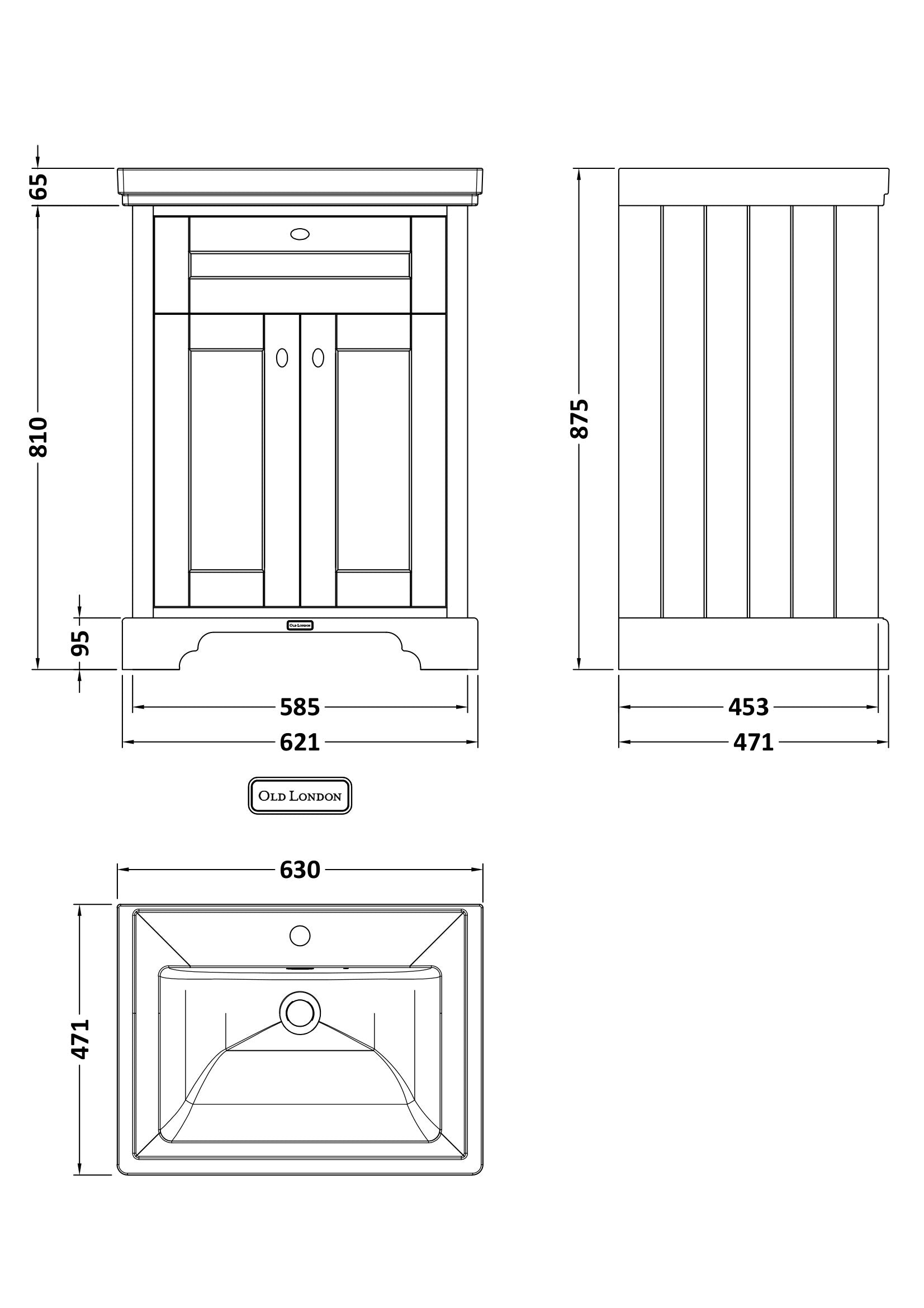 Hudson Reed Old London 630mm Hunter Green Floor Standing 2 Door Vanity Unit with 1 Tap Hole Fireclay Basin