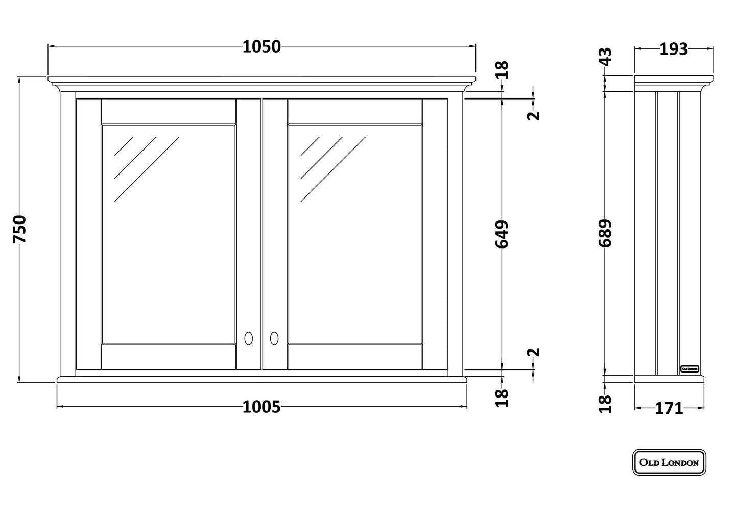 Hudson Reed Old London 1050mm 2 Door Twilight Blue Wall Hung Mirror Cabinet With Handles