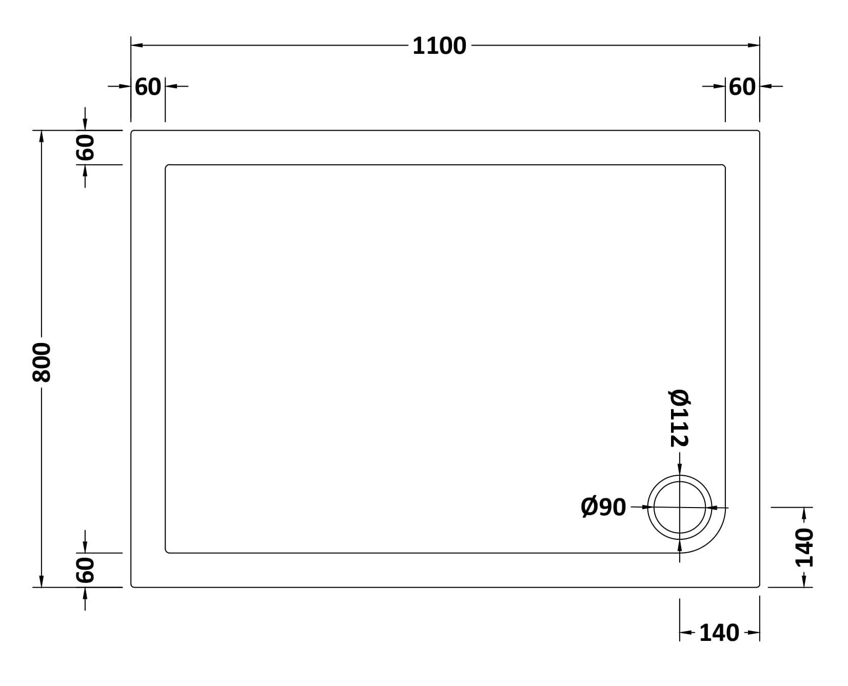 Slip Resistant Rectangular Slimline Shower Tray 1100 x 800mm