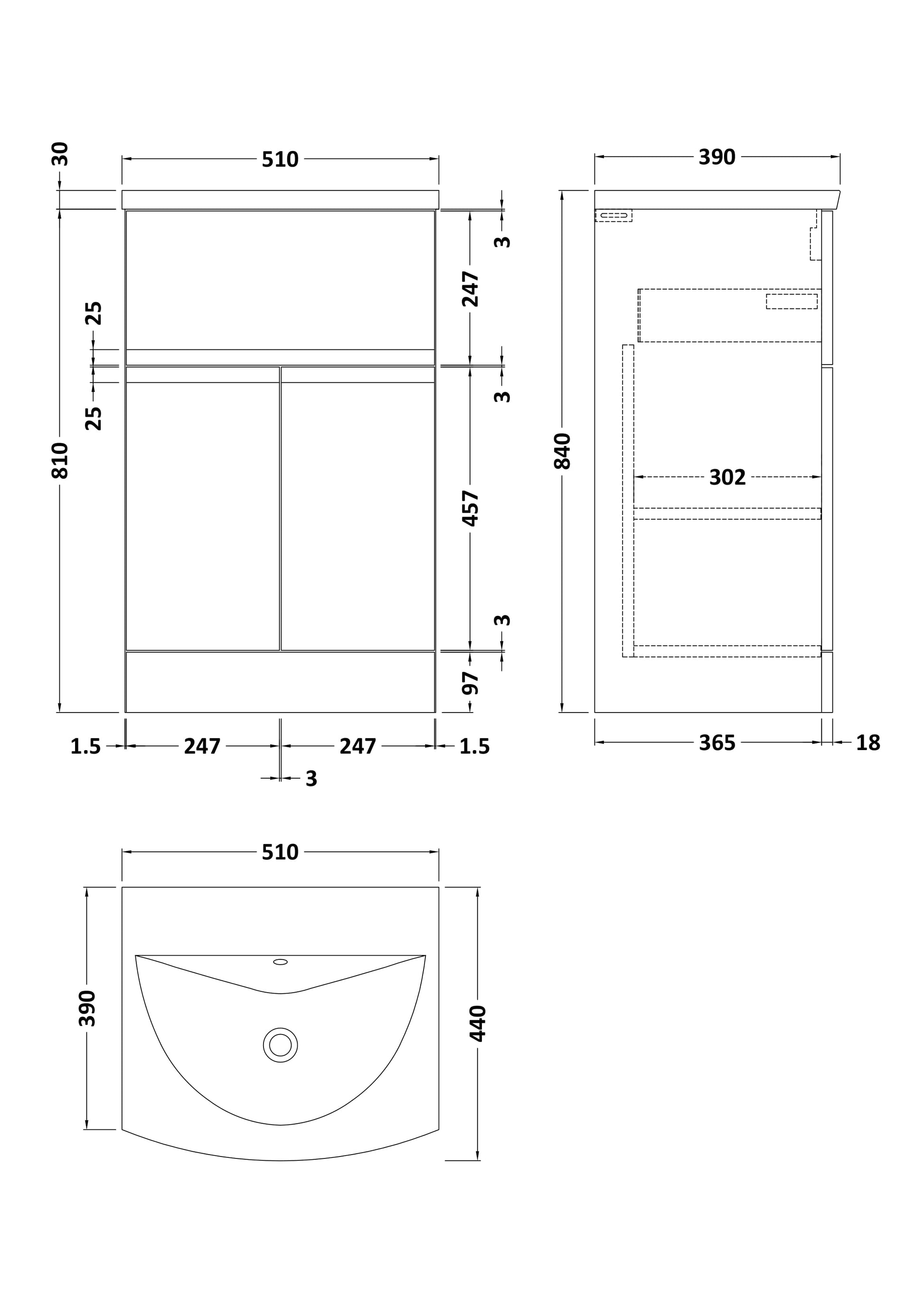 Urban 500mm Floor Standing 2-Door/Drawer Unit and Curved Basin 1 Tap Hole