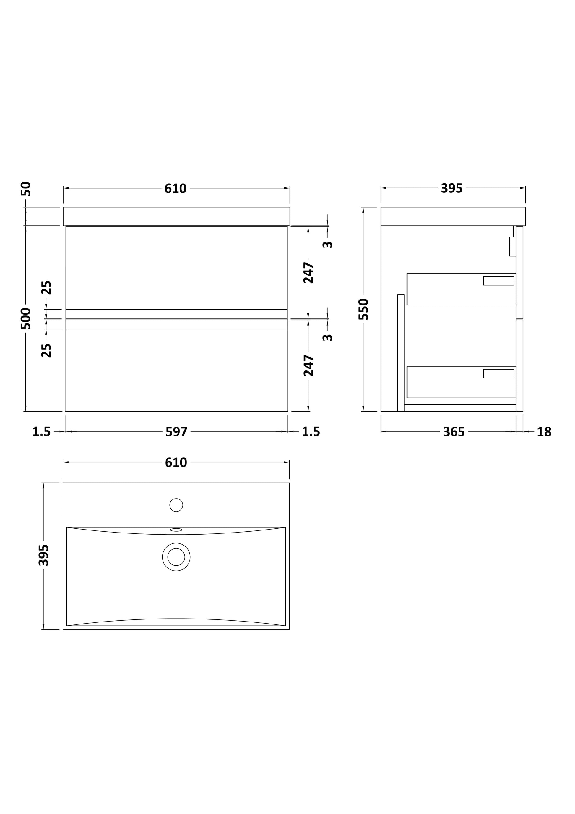 Urban 600mm Wall Hung 2-Drawer Unit and Thin-Edge Basin 1 Tap Hole