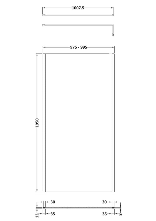 1000mm Outer Framed Wetroom Screen with Support Bar